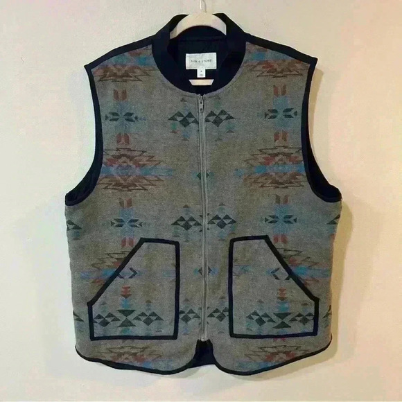 Sun + Stone Aztec Tribal Grey Blue Pattern Printed Vest Men’s Size X-Large - Picture 1 of 5
